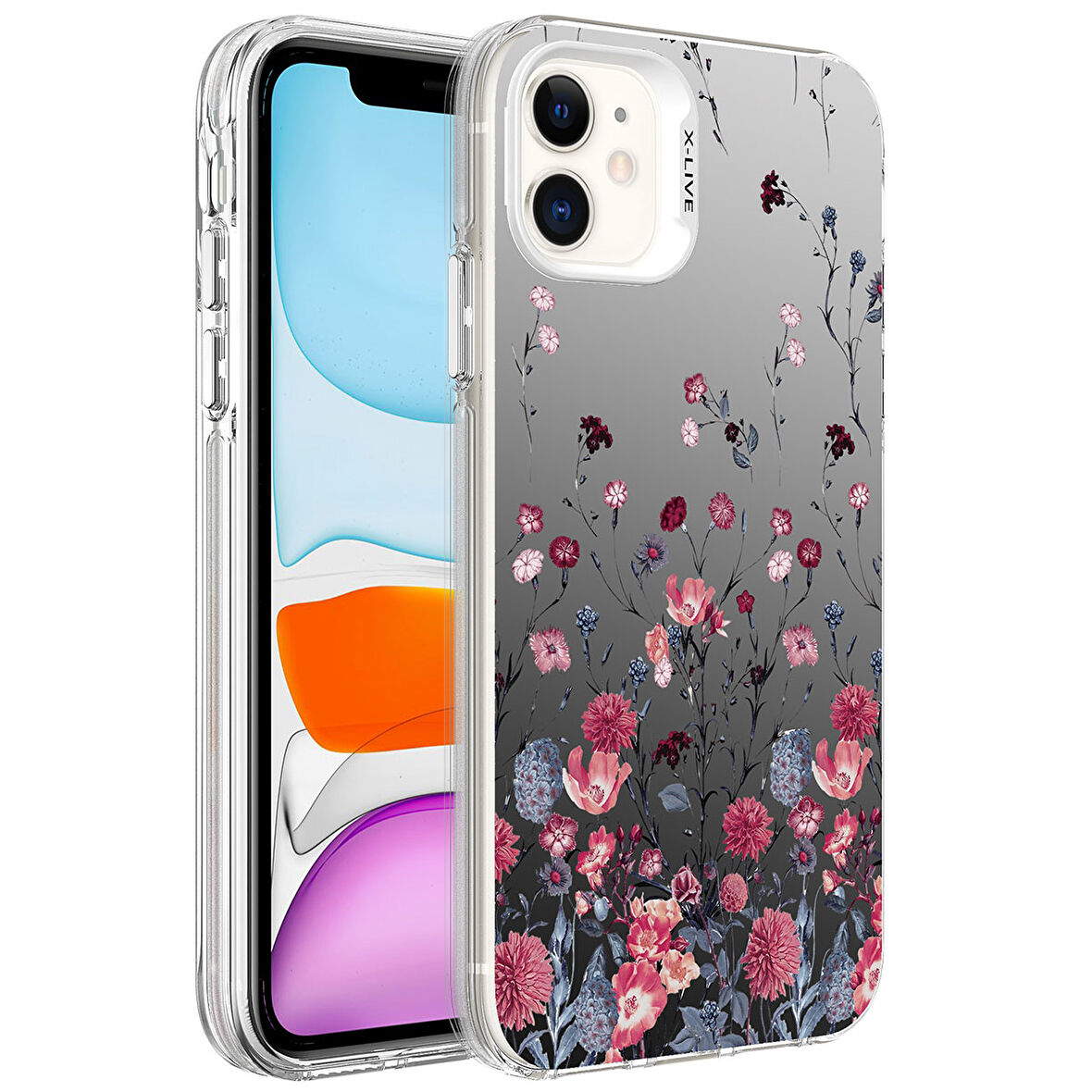 Apple iPhone 12 Kılıf Desenli Zore Silver Sert Kapak-Çiçek