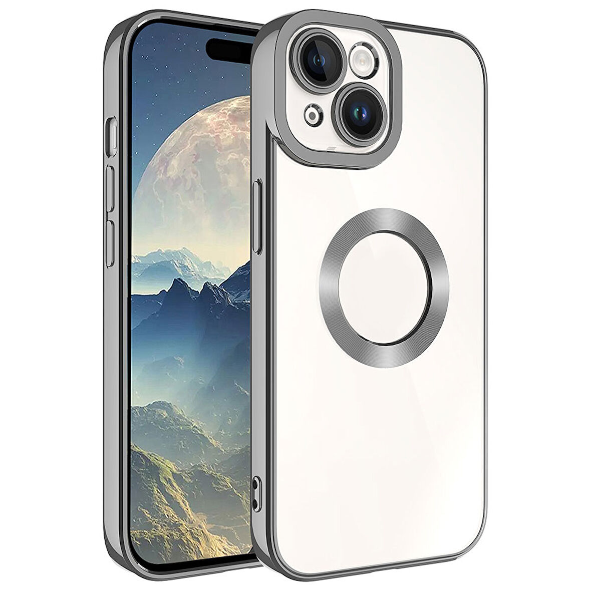iPhone 15 Uyumlu Kamera Korumalı Logo Gösteren Zore Omega Kılıf-Koyu Gri