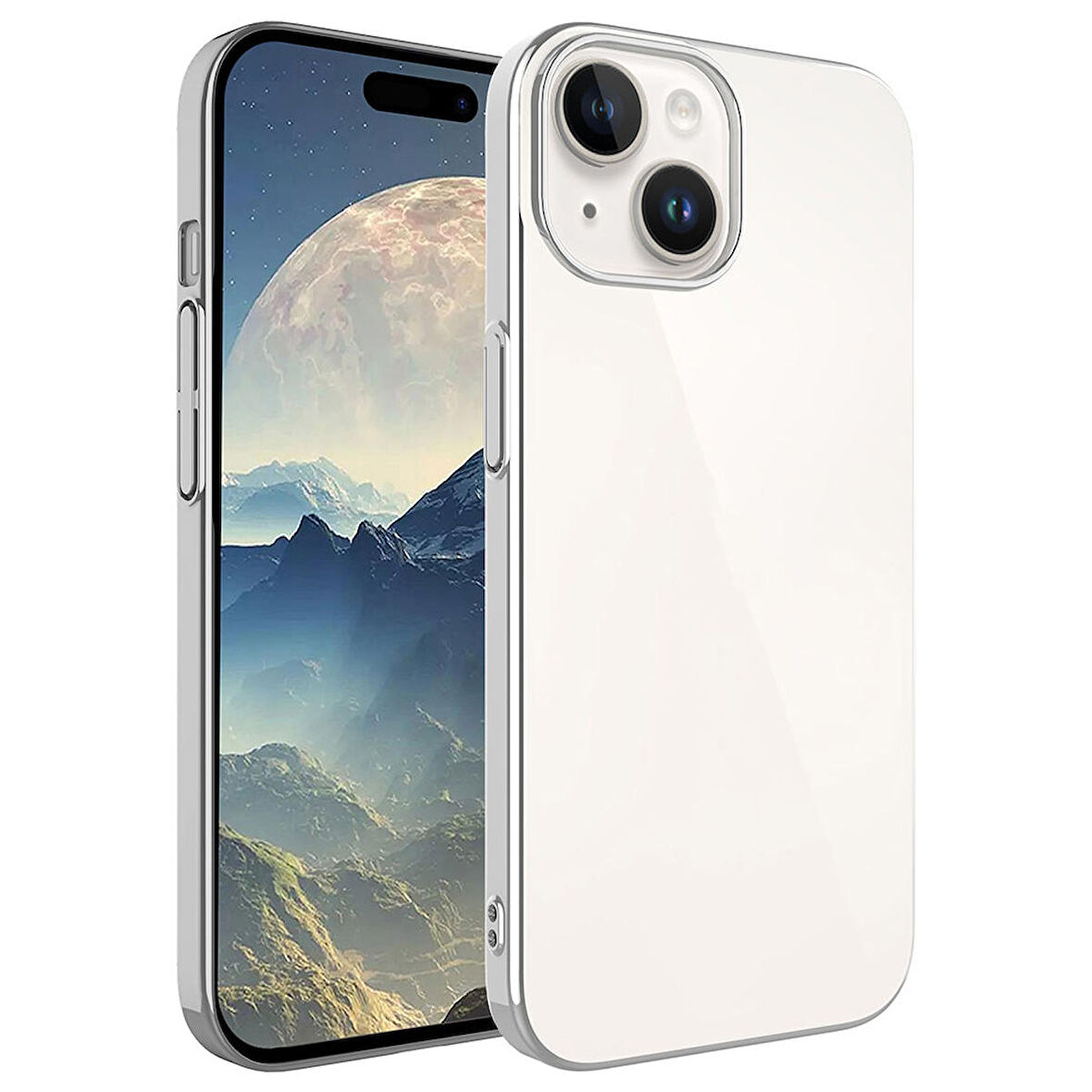 iPhone 15 Uyumlu Sert PC Renkli Çerçeveli Zore Riksos Kapak-Gümüş