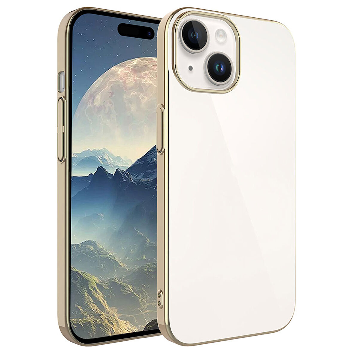Apple iPhone 15 Kılıf Sert PC Renkli Çerçeveli Zore Riksos Kapak-Gold
