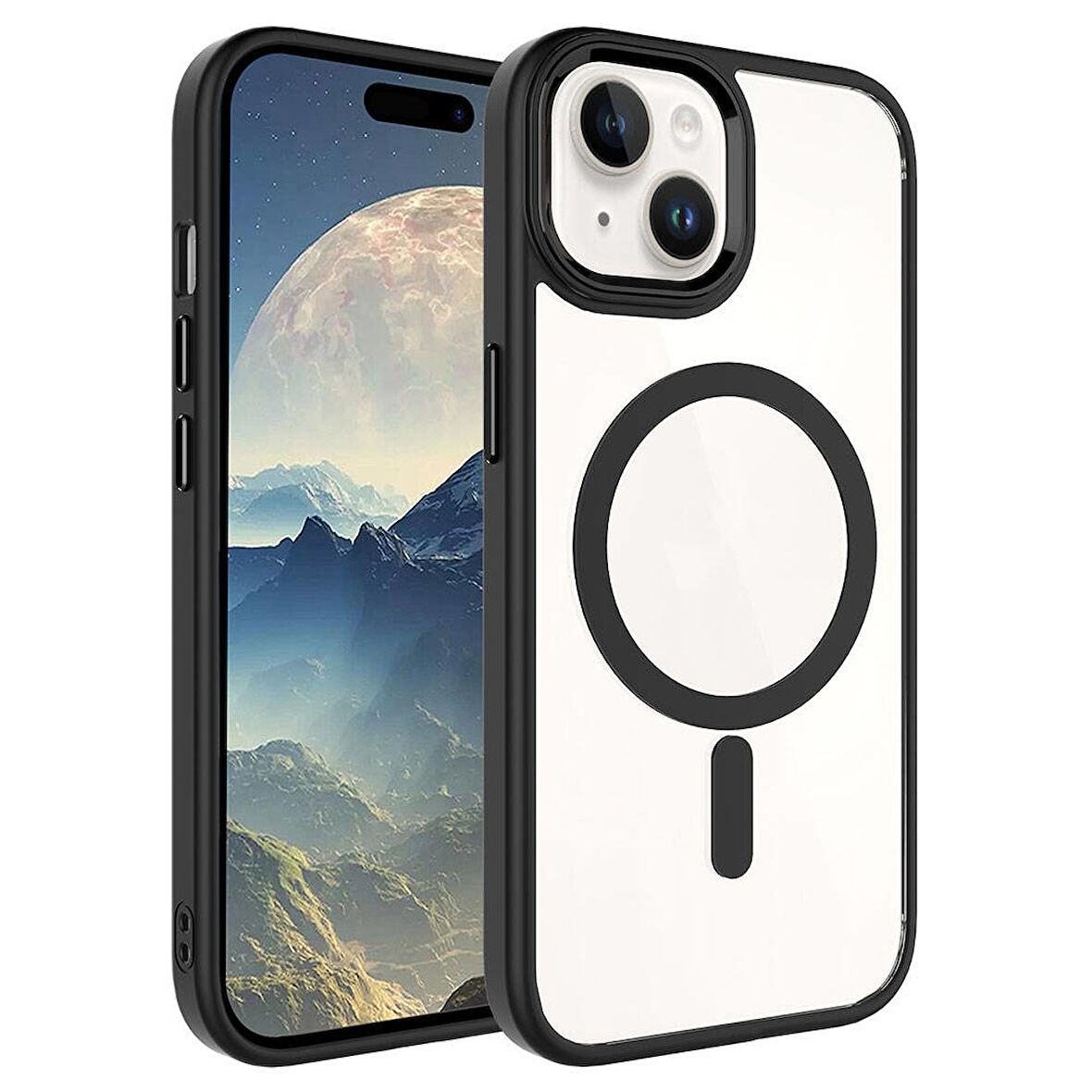 iPhone 15 Plus Uyumlu Wireless Şarj Özellikli Zore Krom Magsafe Silikon Kılıf-Siyah
