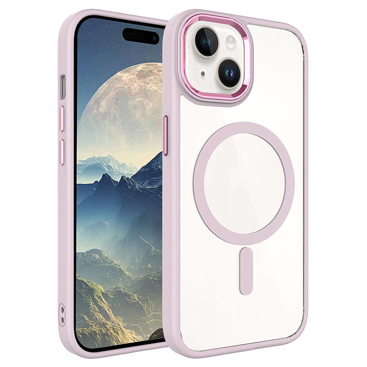 iPhone 15 Plus Uyumlu Wireless Şarj Özellikli Zore Krom Magsafe Silikon Kılıf-Pembe Açık