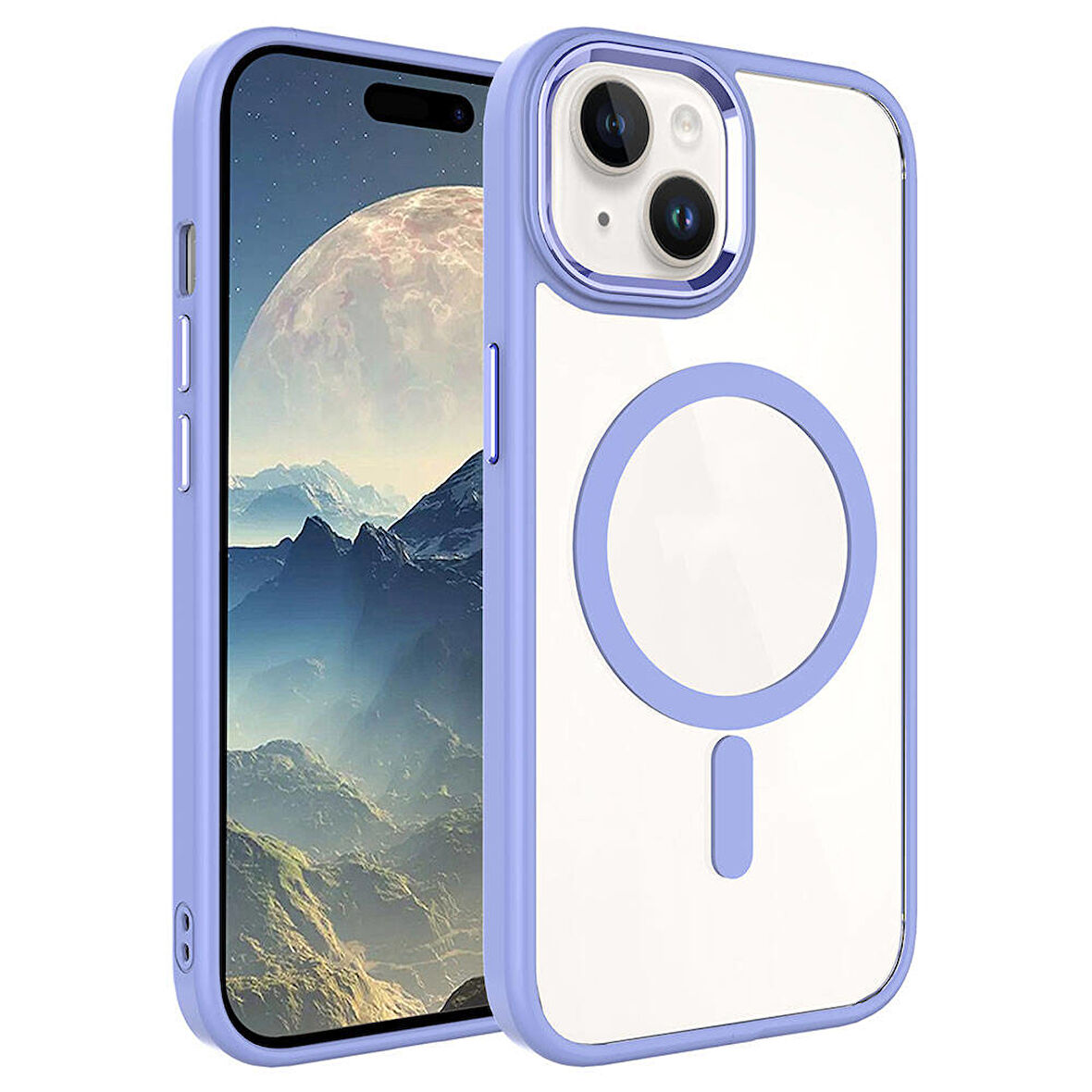 iPhone 15 Plus Uyumlu Wireless Şarj Özellikli Zore Krom Magsafe Silikon Kılıf-Lila