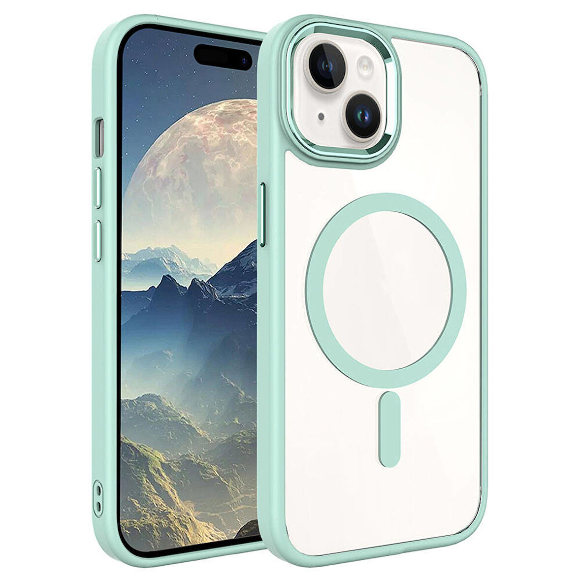 iPhone 15 Plus Uyumlu Wireless Şarj Özellikli Zore Krom Magsafe Silikon Kılıf-Yeşil