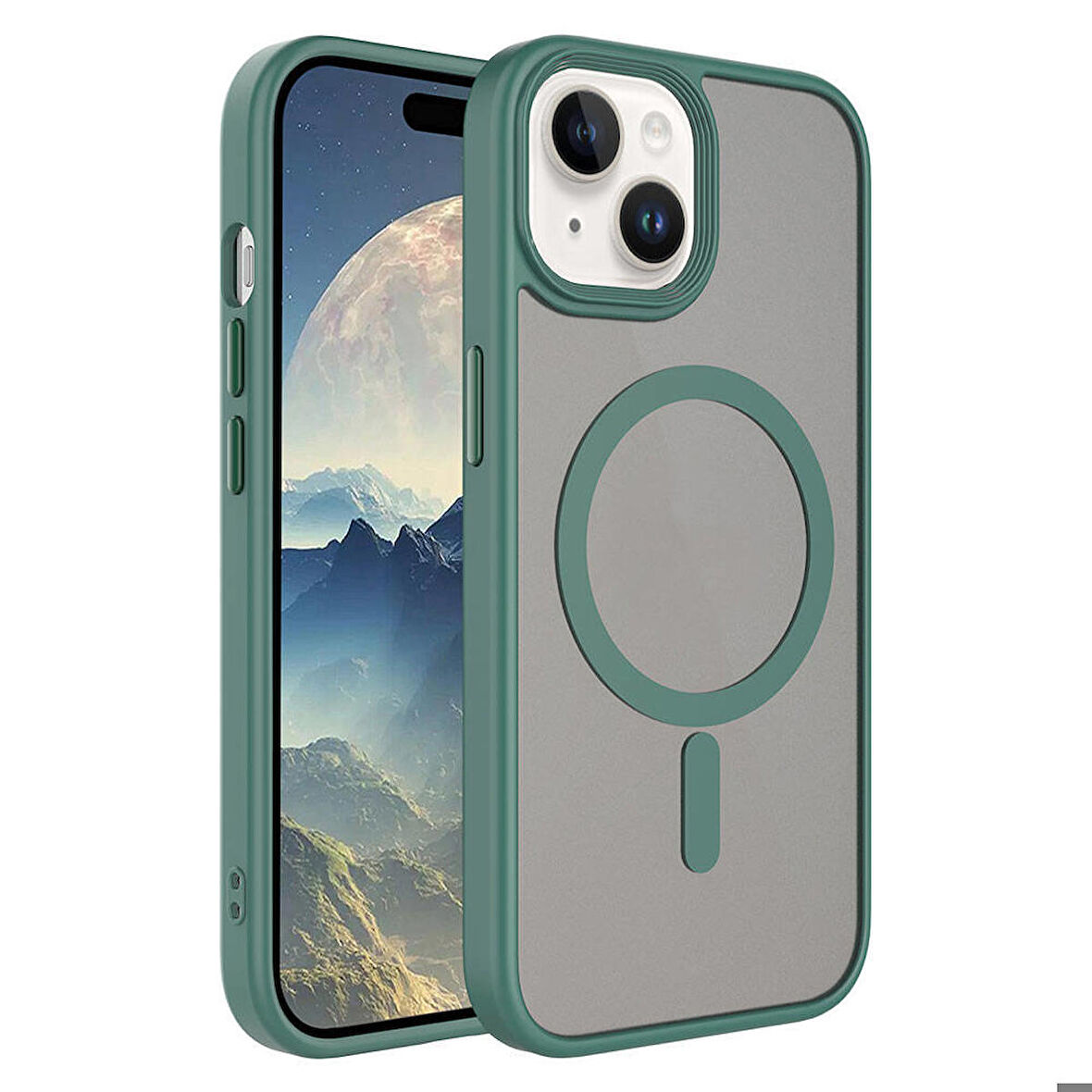 iPhone 15 Uyumlu Mat Arka Yüzey Wireless Şarj Özellikli Zore Flet Magsafe Kapak-Yeşil
