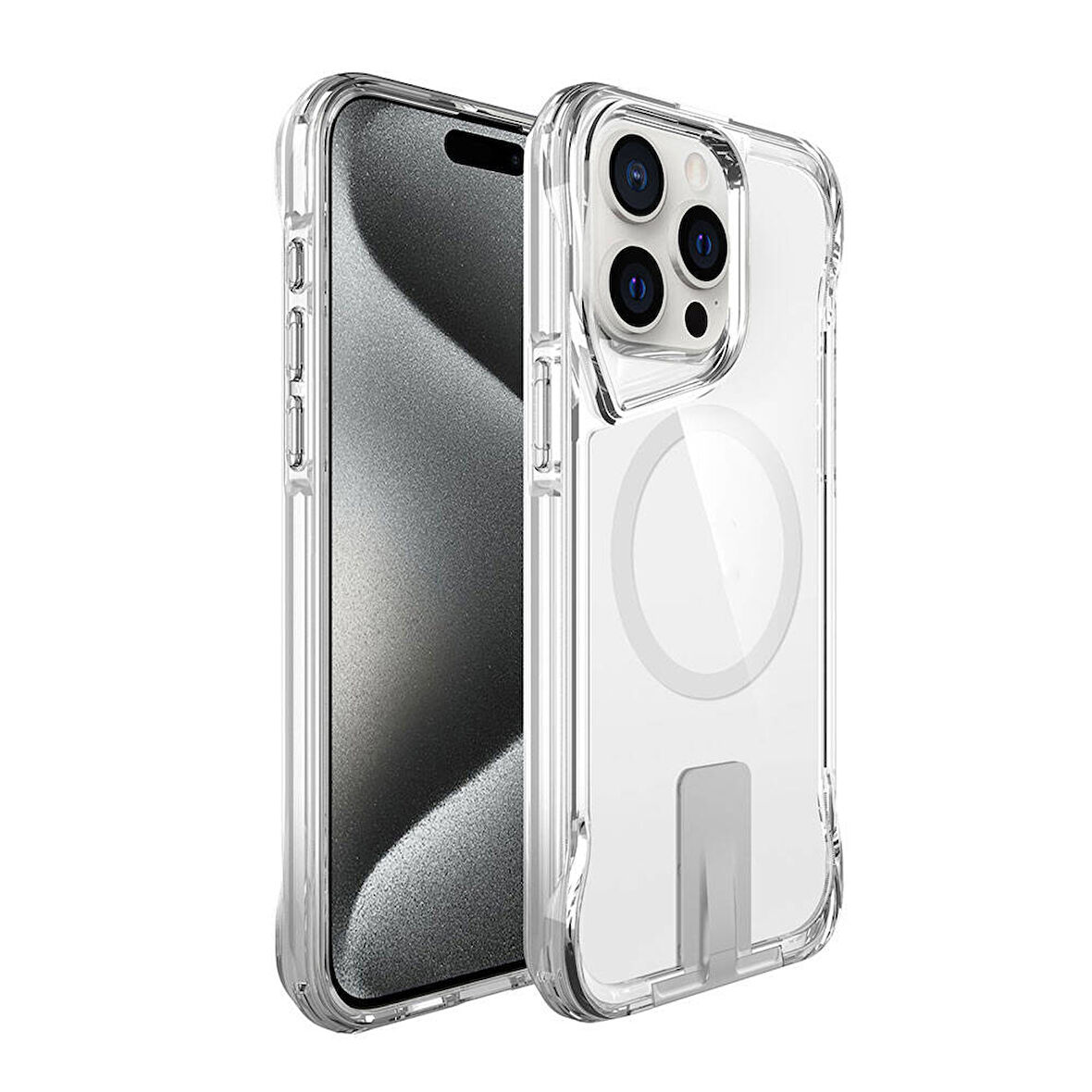 iPhone 15 Pro Uyumlu Magsafe Şarj Özellikli Zore T-Max Standlı Kılıf-Renksiz