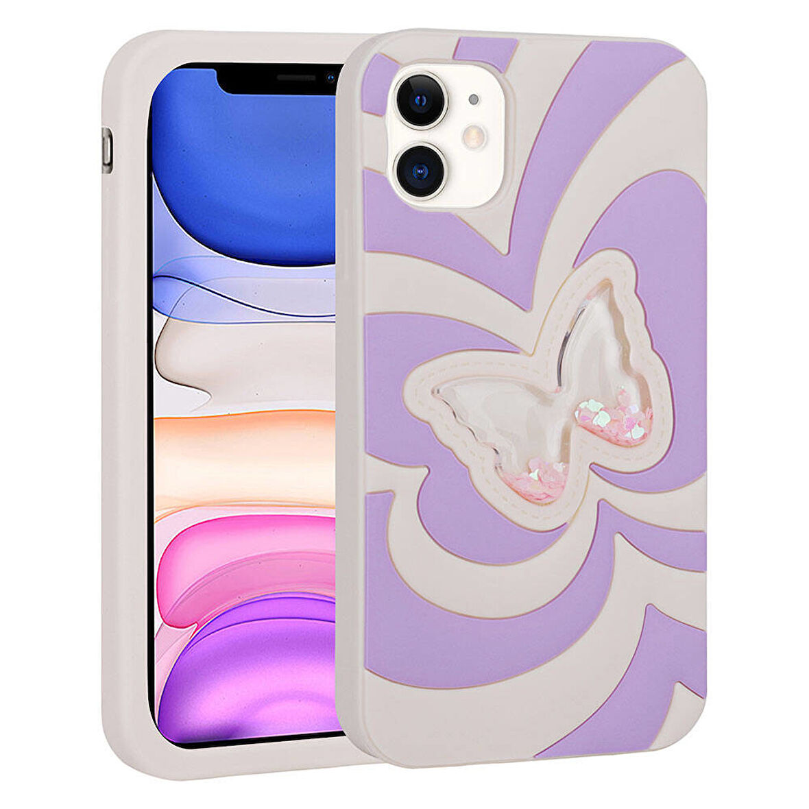 iPhone 11 Uyumlu Sıvılı Simli Kelebekli Tasarım Zore Vodena Kılıf-Lila
