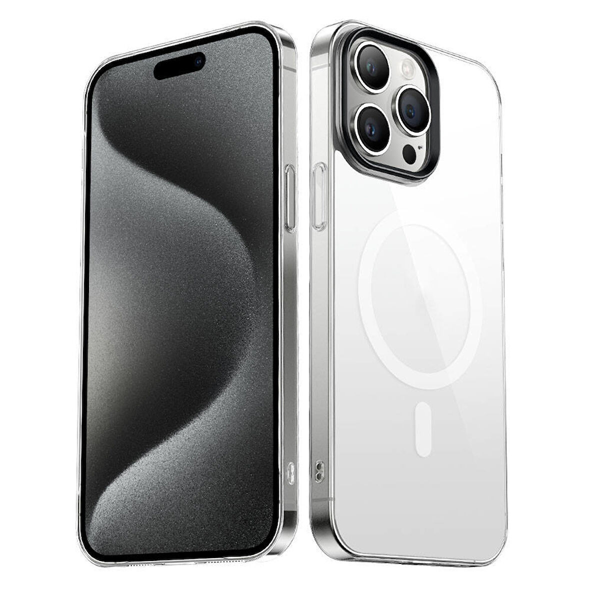 iPhone 15 Pro Max Uyumlu Zore Wireless Şarj Özellikli Şeffaf G-Glass Kılıf-Siyah