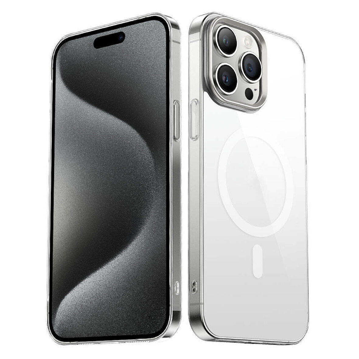 iPhone 15 Pro Max Uyumlu Zore Wireless Şarj Özellikli Şeffaf G-Glass Kılıf-Gümüş