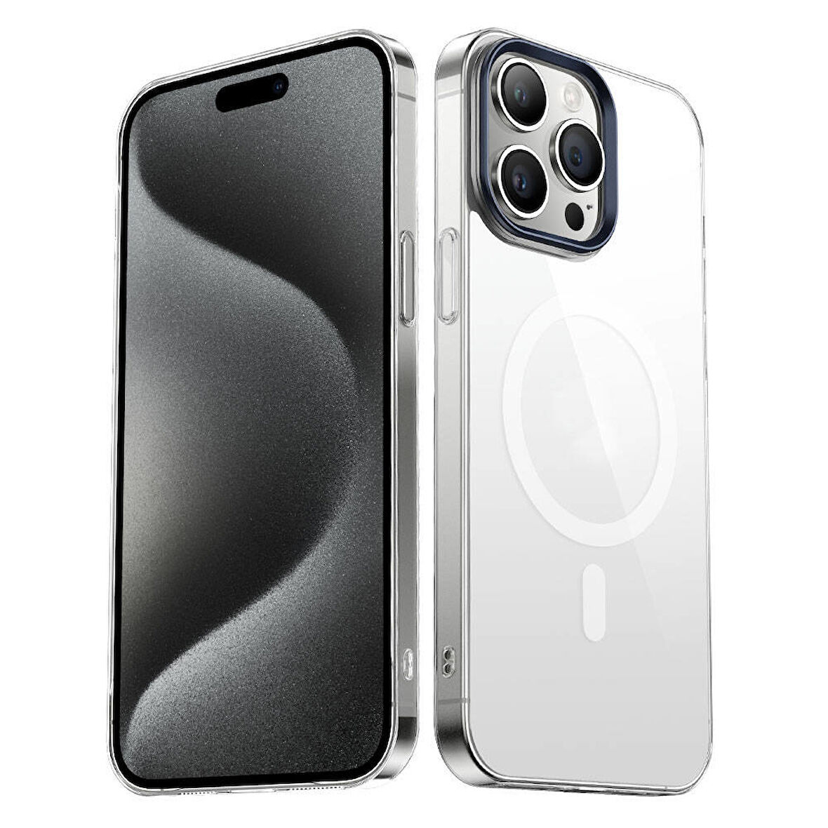 iPhone 15 Pro Uyumlu Zore Wireless Şarj Özellikli Şeffaf G-Glass Kılıf-Lacivert