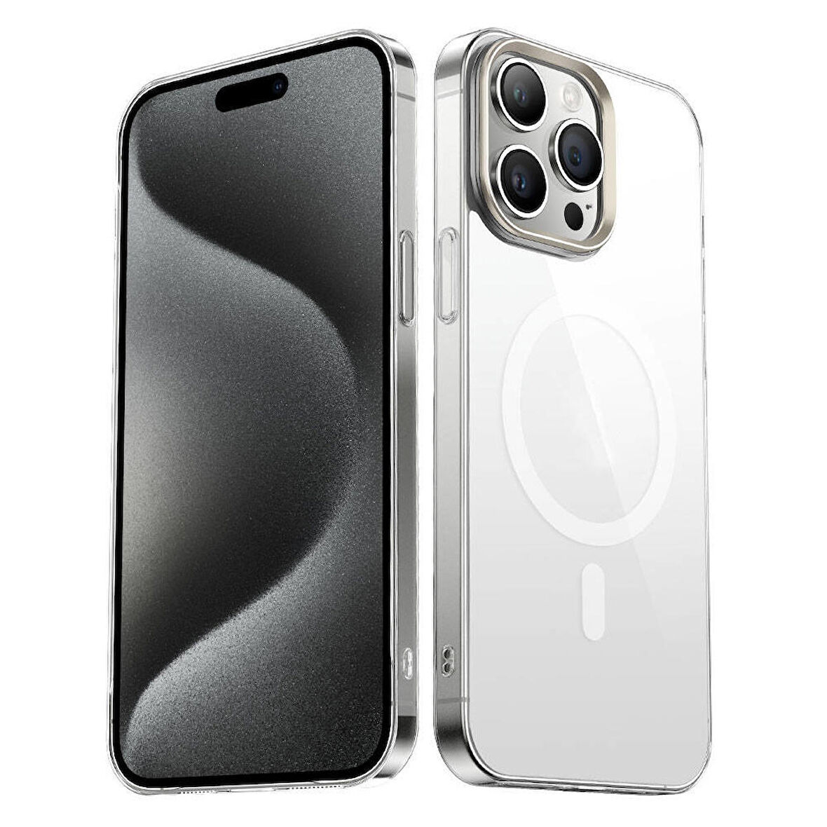 iPhone 15 Pro Uyumlu Zore Wireless Şarj Özellikli Şeffaf G-Glass Kapak-Titanyum