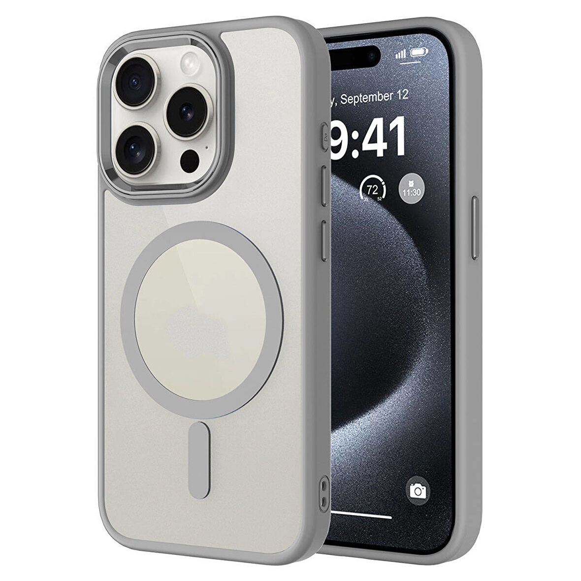 iPhone 15 Pro Uyumlu Wireless Şarj Özellikli Zore Krom Magsafe Silikon Kılıf-Gri