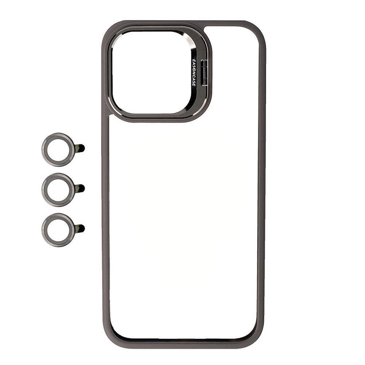 iPhone 15 Pro Max Uyumlu Kamera Lens Korumalı Standlı Zore Klon Lensli Kapak-Gri