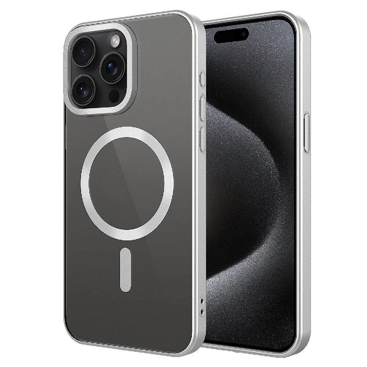 iPhone 15 Pro Uyumlu Mat Tasarımlı Magsafe Wireless Şarj Özellikli Zore Mat Setro Kapak-Gümüş