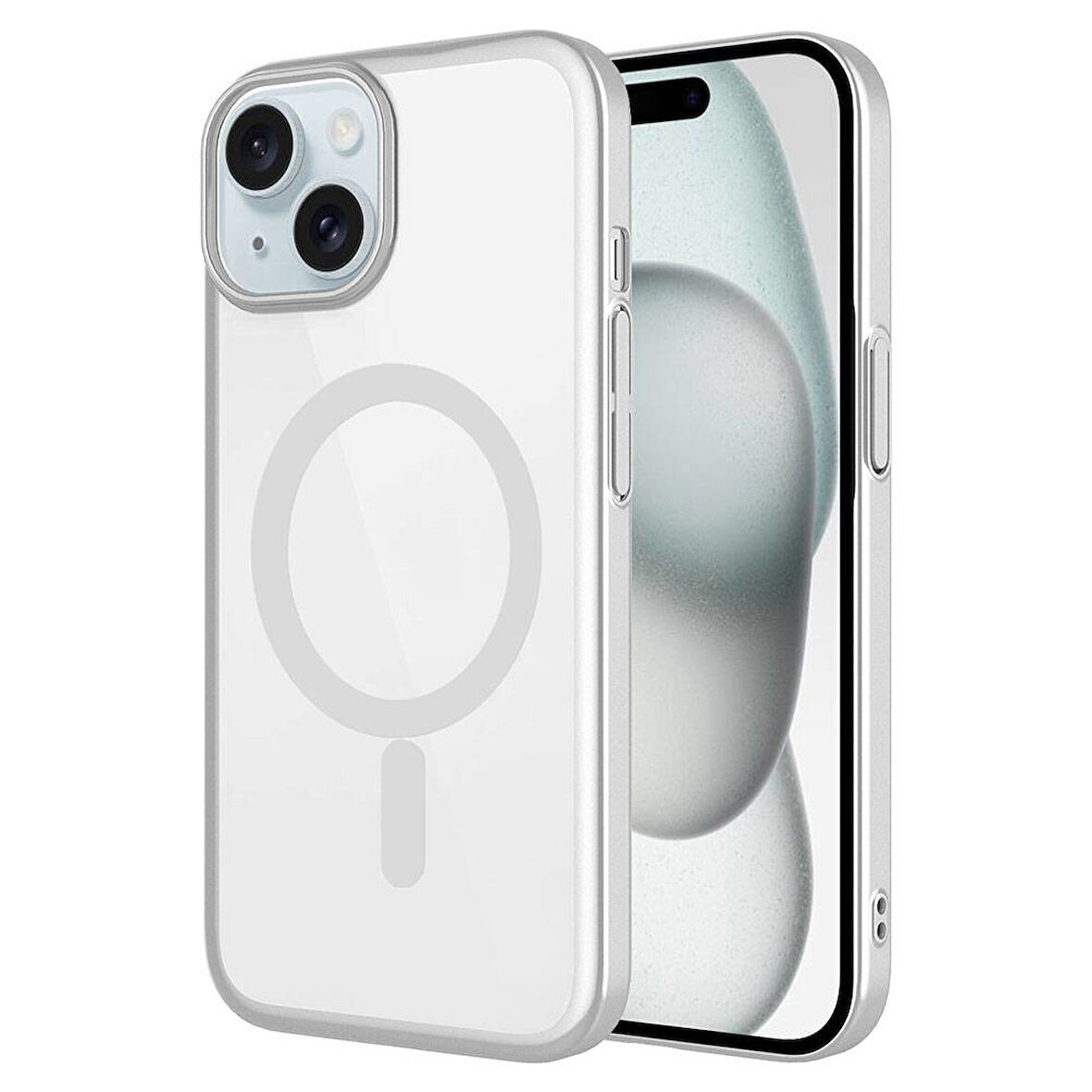 iPhone 15 Plus Uyumlu Wireless Şarj Özellikli Sert PC Zore Mat Riksos Magsafe Kılıf-Gümüş
