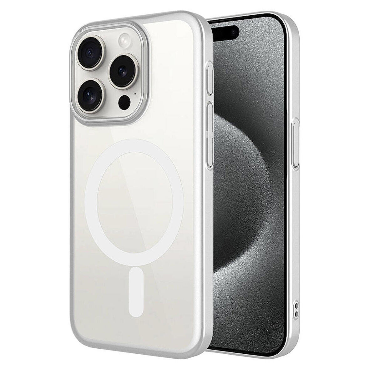 iPhone 15 Pro Uyumlu Wireless Şarj Özellikli Sert PC Zore Mat Riksos Magsafe Kapak-Gümüş