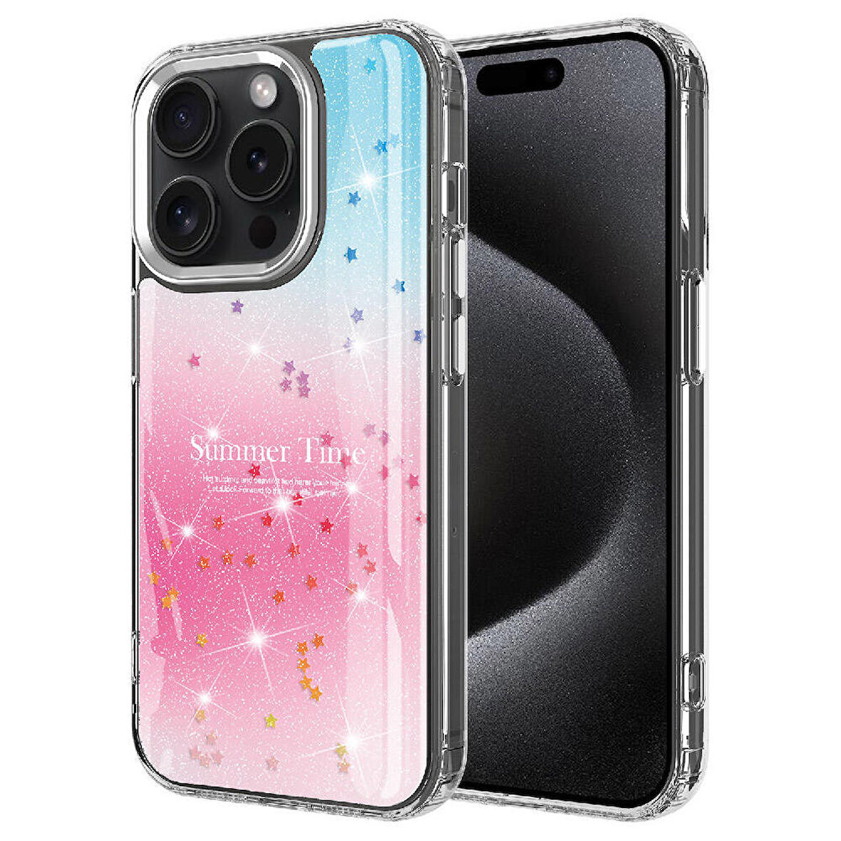 iPhone 15 Pro Max Uyumlu Simli Desenli Parlak Zore Task Kapak-Pembe