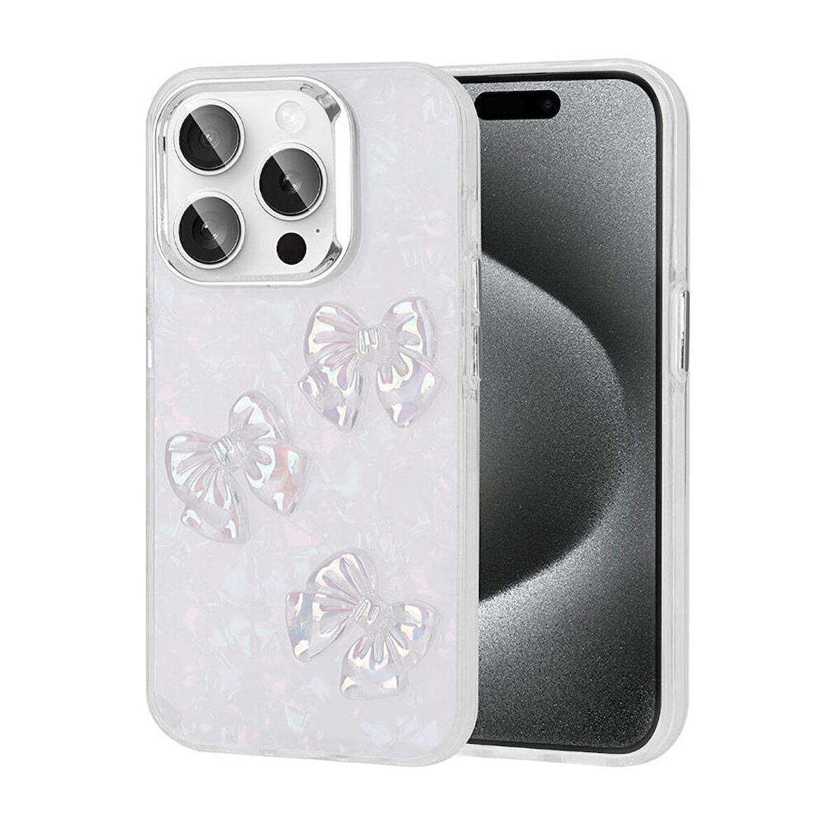 iPhone 15 Pro Max Uyumlu Kabartma Figürlü Parlak Zore Eralli Silikon Kapak-Kelebek