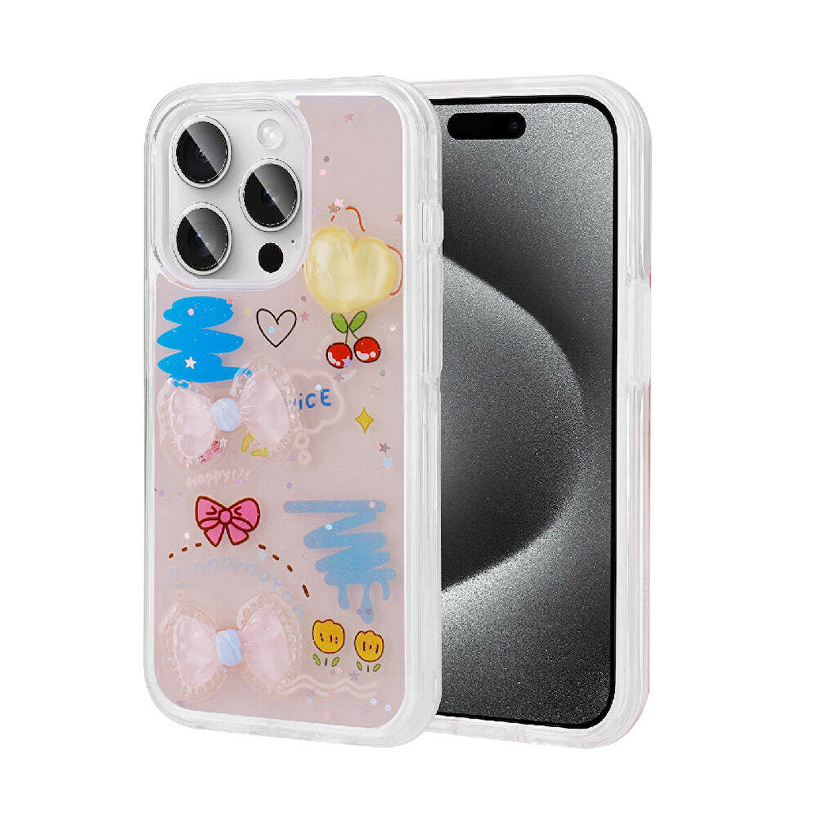 iPhone 15 Pro Max Uyumlu Kabartma Figürlü Parlak Zore Minimini Silikon Kılıf-Pembe