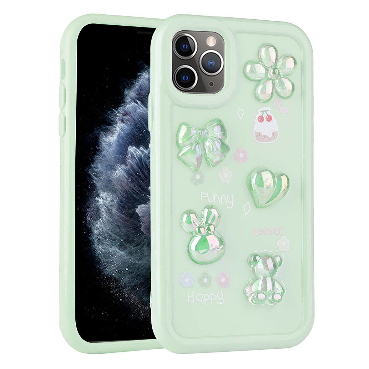iPhone 11 Pro Max Uyumlu Kabartma Figürlü Parlak Zore Toys Silikon Kılıf-Açık Yeşil