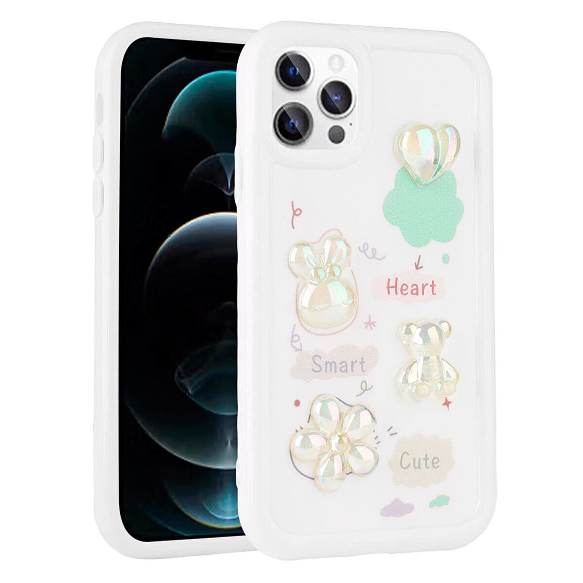 iPhone 12 Pro Max Uyumlu Kabartma Figürlü Parlak Zore Toys Silikon Kılıf-Beyaz