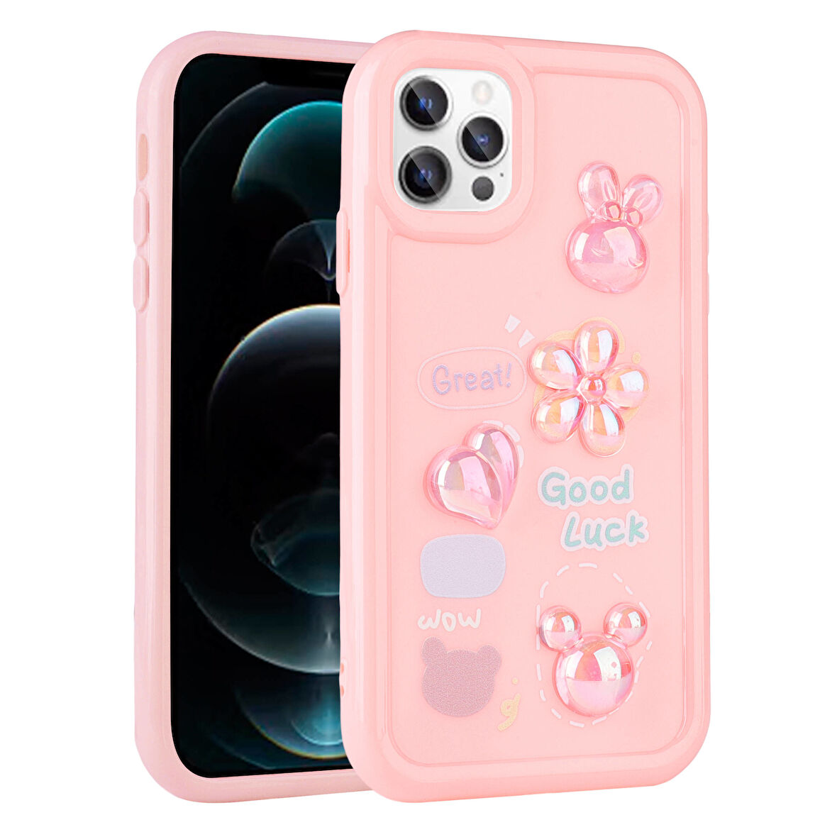 iPhone 13 Pro Uyumlu Kabartma Figürlü Parlak Zore Toys Silikon Kılıf-Pembe