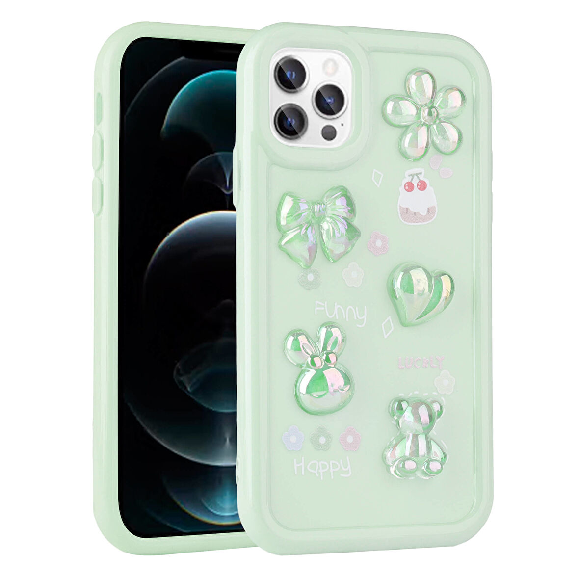 iPhone 13 Pro Uyumlu Kabartma Figürlü Parlak Zore Toys Silikon Kılıf-Açık Yeşil