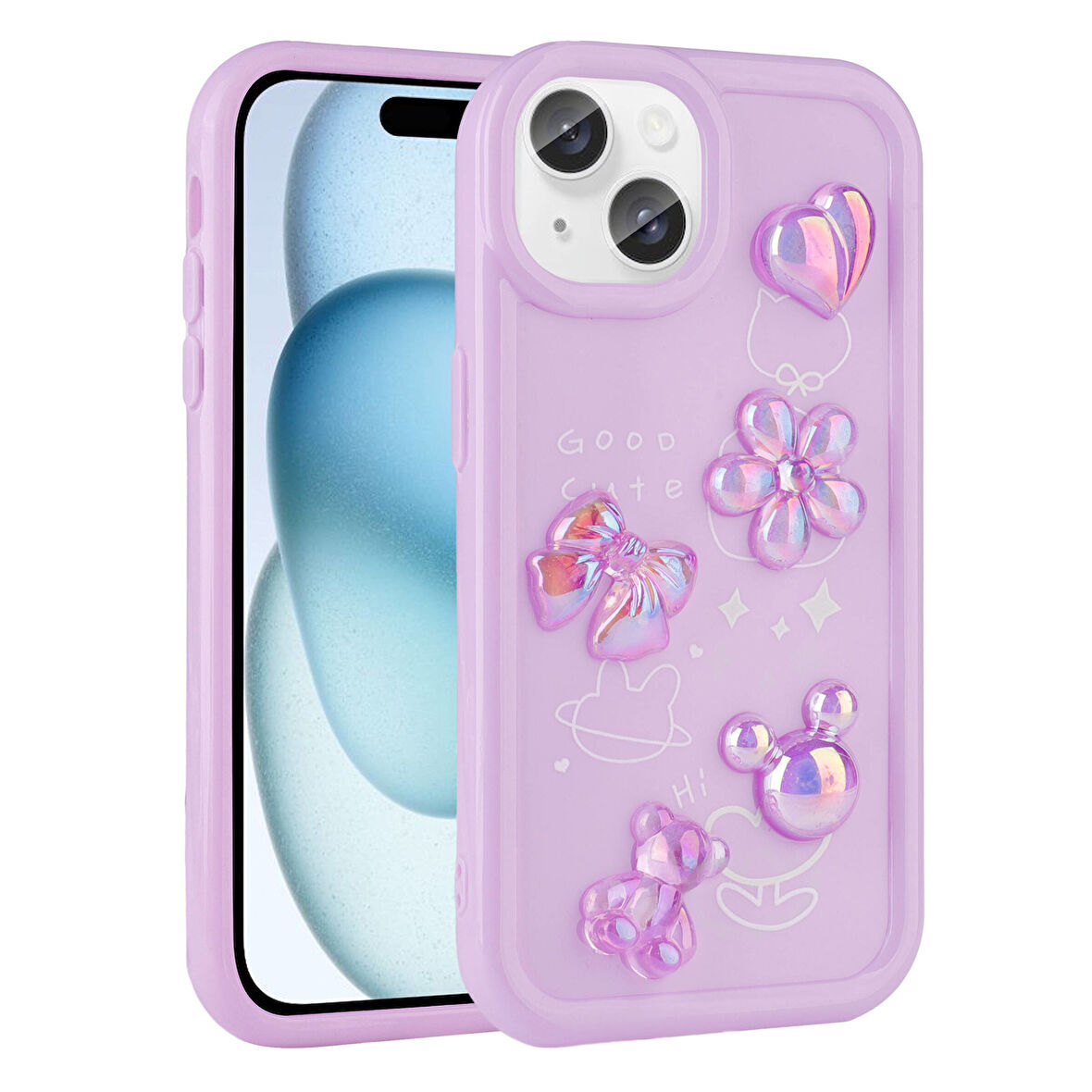 iPhone 14 Plus Uyumlu Kabartma Figürlü Parlak Zore Toys Silikon Kılıf-Mor