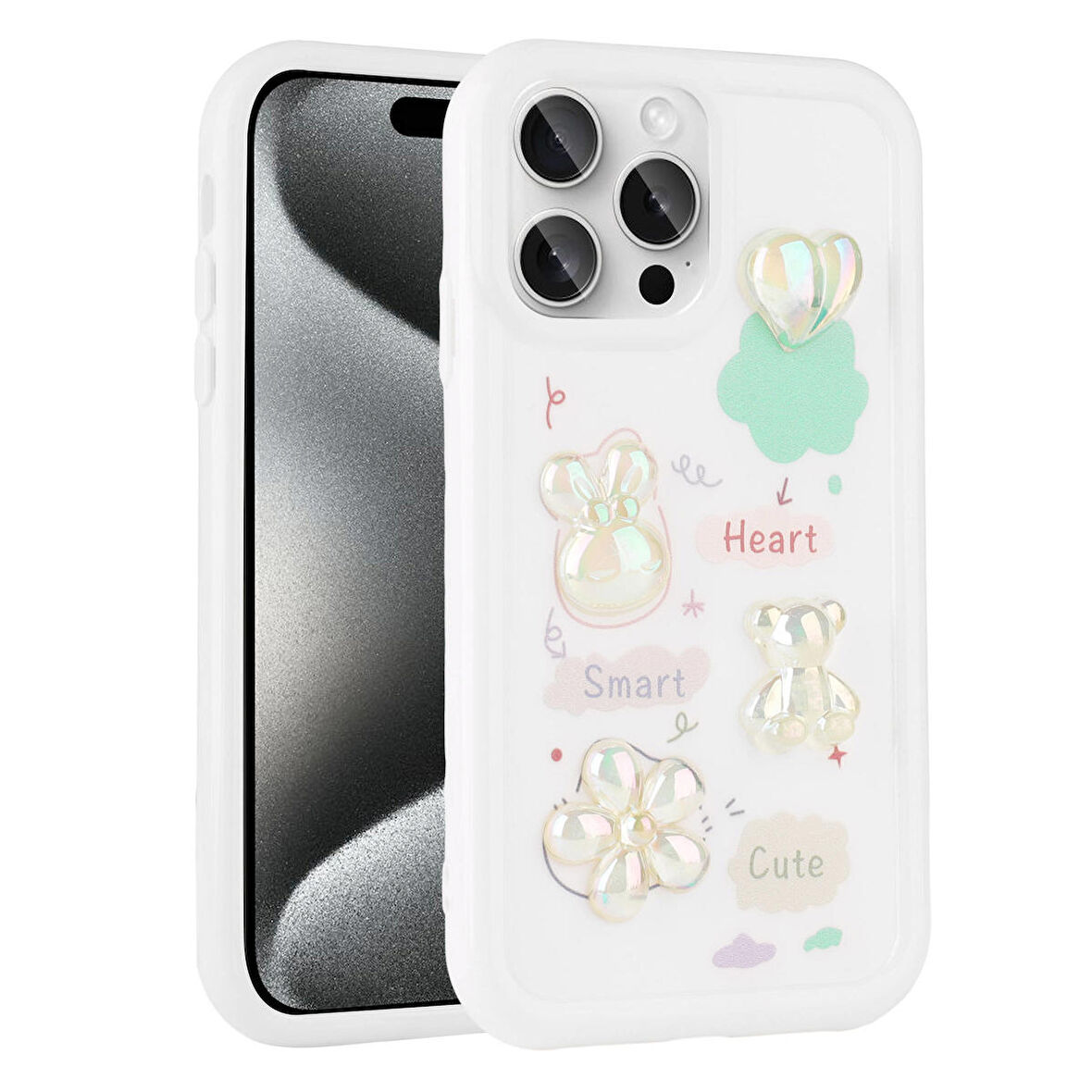 iPhone 15 Pro Uyumlu Kabartma Figürlü Parlak Zore Toys Silikon Kapak-Beyaz
