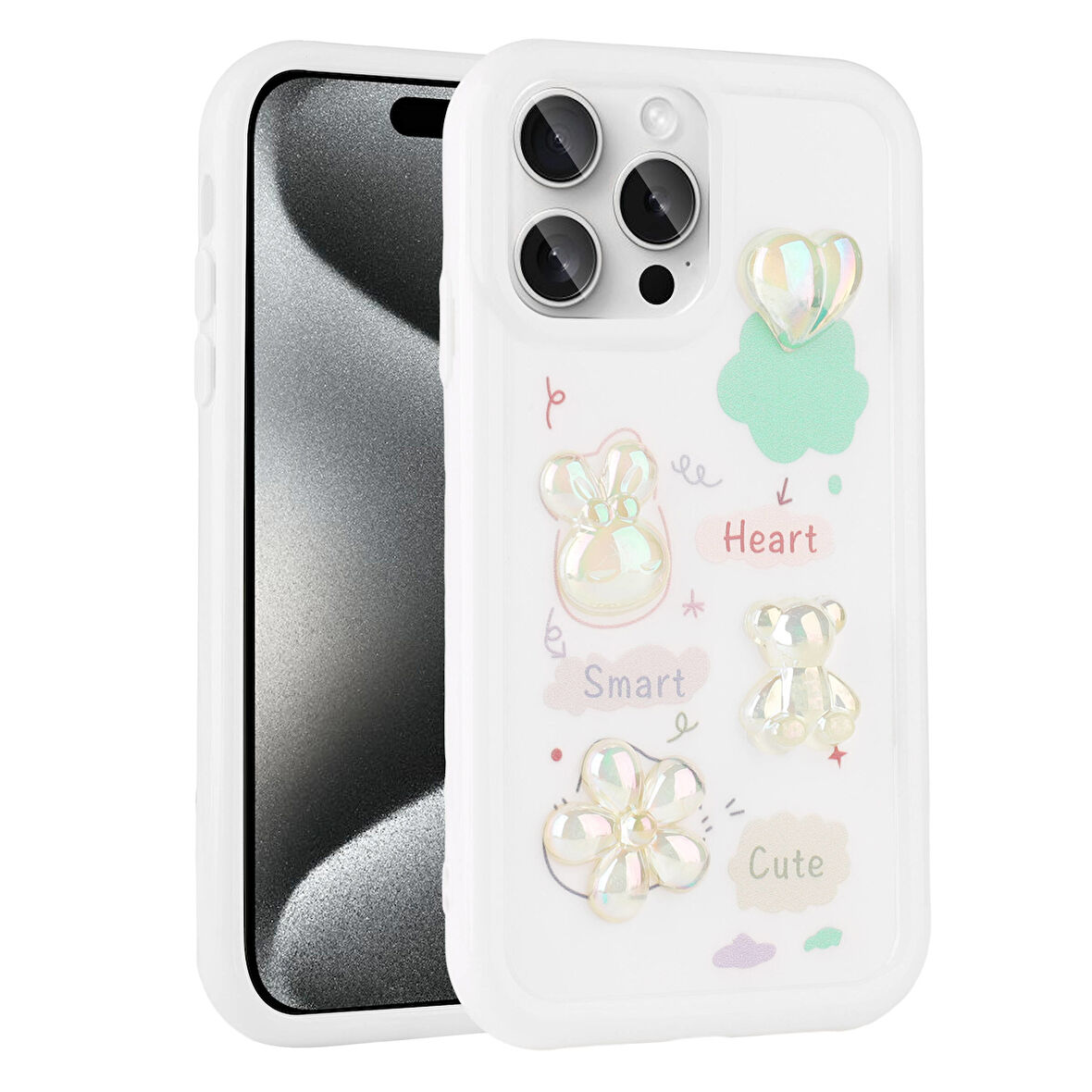 iPhone 15 Pro Uyumlu Kabartma Figürlü Parlak Zore Toys Silikon Kılıf-Beyaz