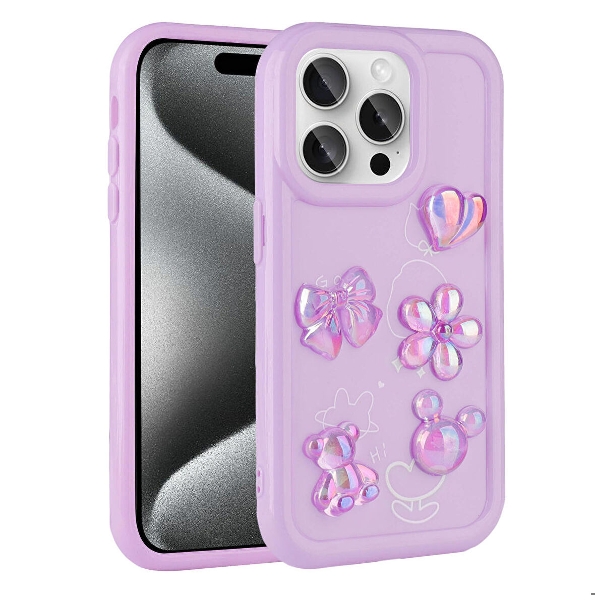 iPhone 15 Pro Max Uyumlu Kabartma Figürlü Parlak Zore Toys Silikon Kapak-Mor