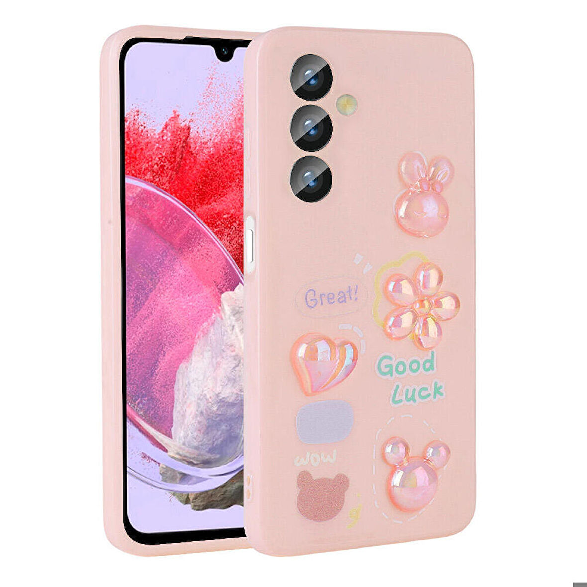 Galaxy M34 5G Uyumlu Kabartma Figürlü Parlak Zore Toys Silikon Kapak-Pembe