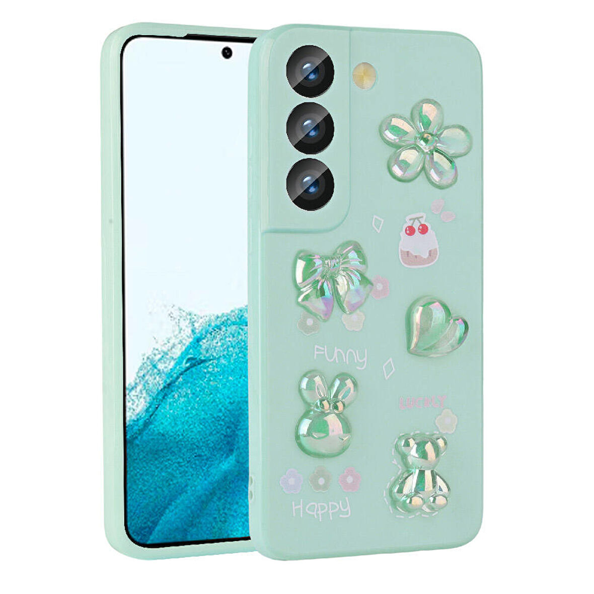Galaxy S21 FE Uyumlu Kabartma Figürlü Parlak Zore Toys Silikon Kılıf-Açık Yeşil