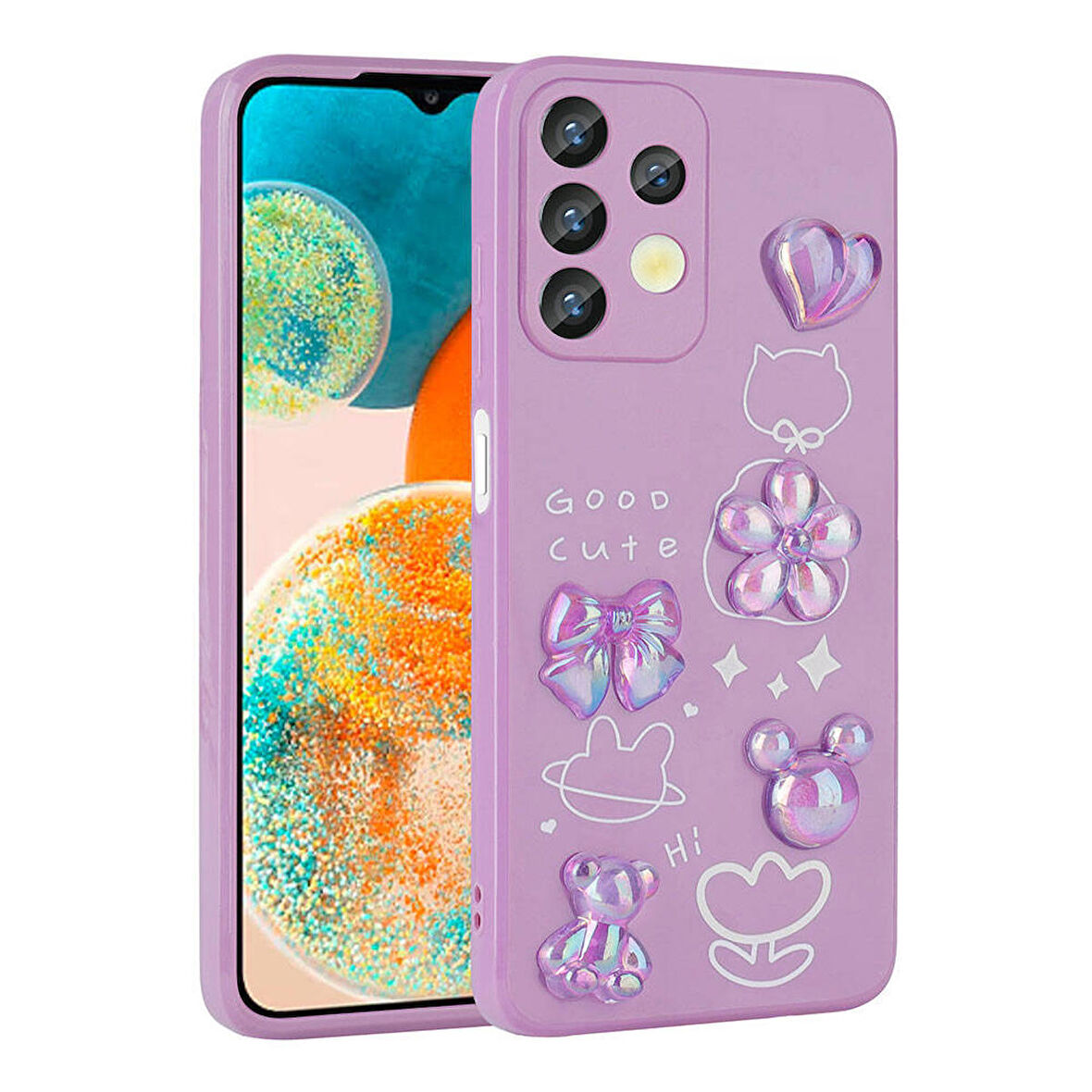 Galaxy A13 4G Uyumlu Kabartma Figürlü Parlak Zore Toys Silikon Kapak-Mor