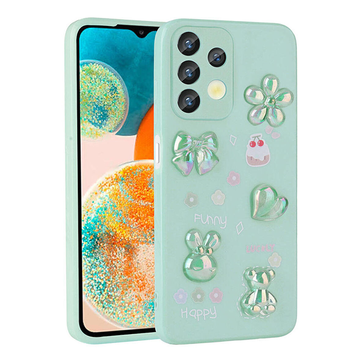 Galaxy A13 4G Uyumlu Kabartma Figürlü Parlak Zore Toys Silikon Kapak-Açık Yeşil