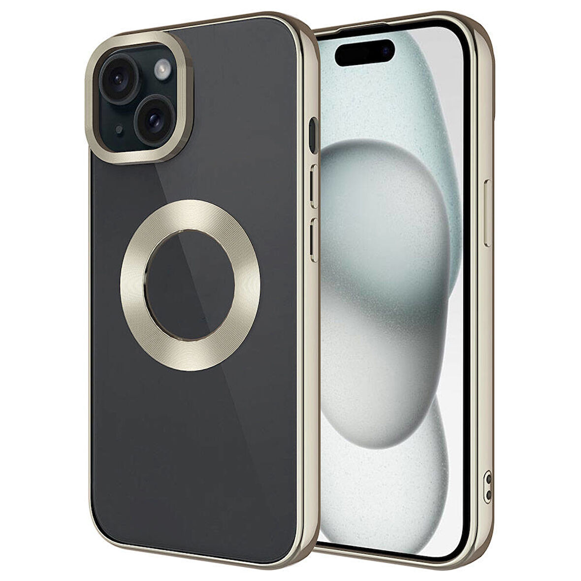 Apple iPhone 15 Kılıf Tek Kamera Çerçeveli Logo Gösteren Zore Omega Kapak-Titanyum