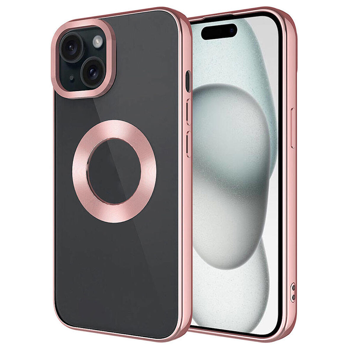 iPhone 15 Uyumlu Tek Kamera Çerçeveli Logo Gösteren Zore Omega Kapak-Rose Gold