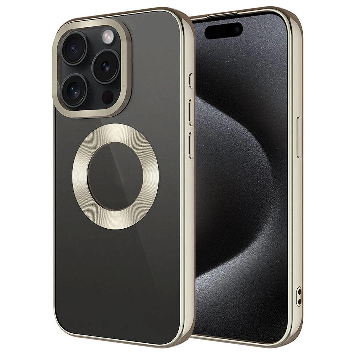 iPhone 15 Pro Uyumlu Tek Kamera Çerçeveli Logo Gösteren Zore Omega Kapak-Titanyum