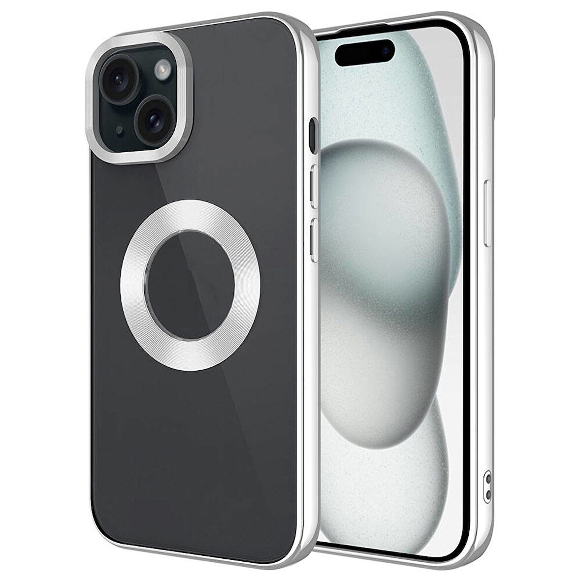 iPhone 15 Plus Uyumlu Tek Kamera Çerçeveli Logo Gösteren Zore Omega Kılıf-Gümüş