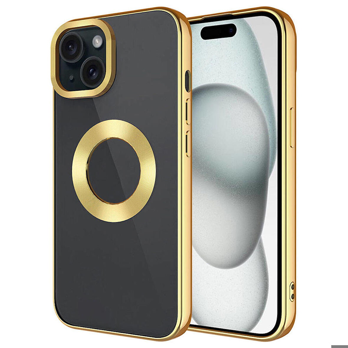 iPhone 15 Plus Uyumlu Tek Kamera Çerçeveli Logo Gösteren Zore Omega Kapak-Gold