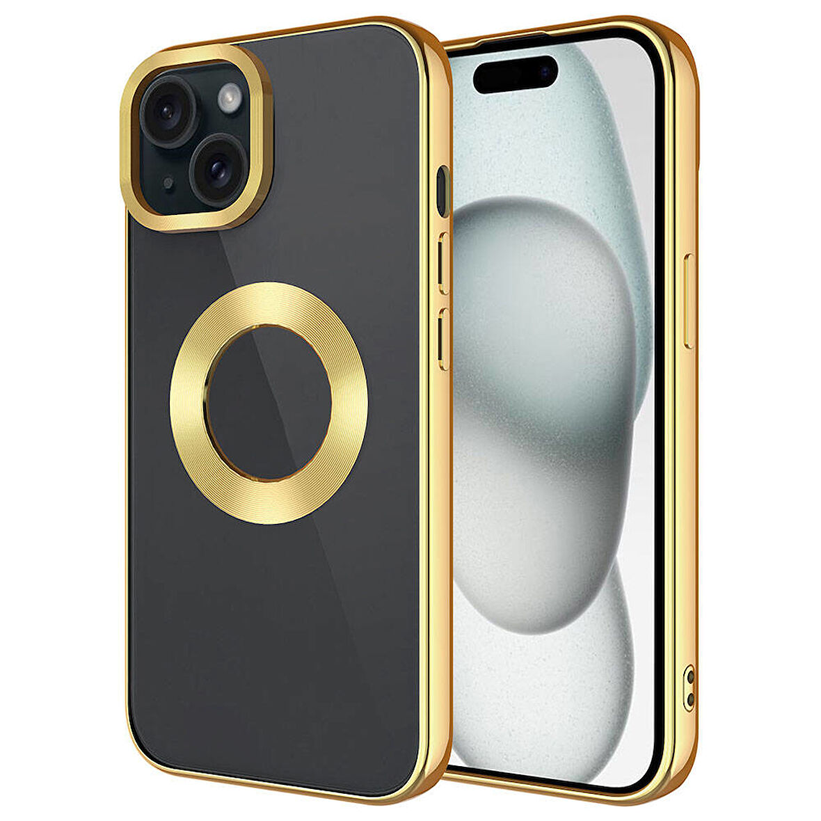 Apple iPhone 15 Plus Kılıf Tek Kamera Çerçeveli Logo Gösteren Zore Omega Kapak-Gold