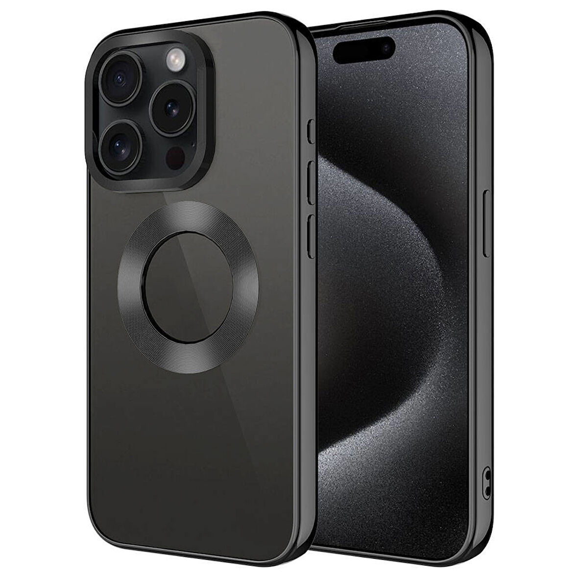 Apple iPhone 15 Pro Max Kılıf Tek Kamera Çerçeveli Logo Gösteren Zore Omega Kapak-Siyah