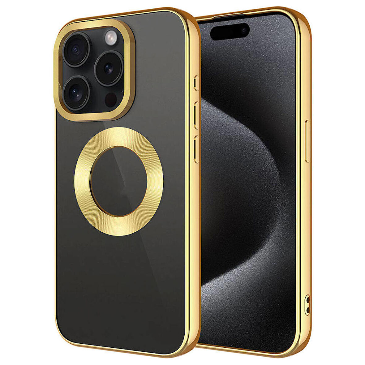 iPhone 15 Pro Max Uyumlu Tek Kamera Çerçeveli Logo Gösteren Zore Omega Kapak-Gold