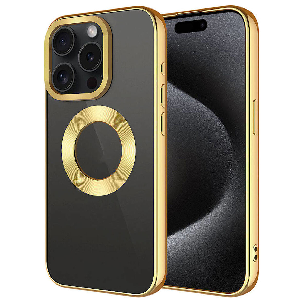 iPhone 15 Pro Max Uyumlu Tek Kamera Çerçeveli Logo Gösteren Zore Omega Kılıf-Gold