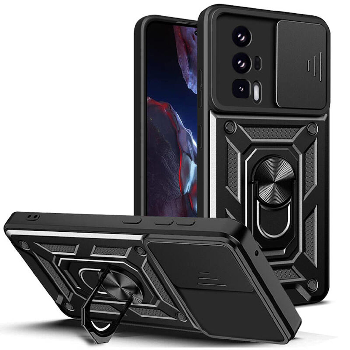 Xiaomi Poco F5 Pro Kılıf Magnetik Standlı Kamera Korumalı Sürgülü Vega Kapak