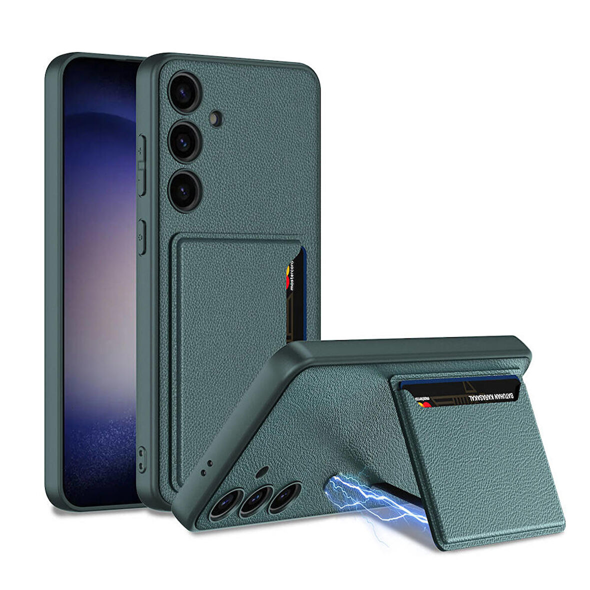 Galaxy S24 Plus Suni Deri Arka Yüzey Sürgülü Kamera Korumalı Kartlıklı Kıpta Silikon Kılıf