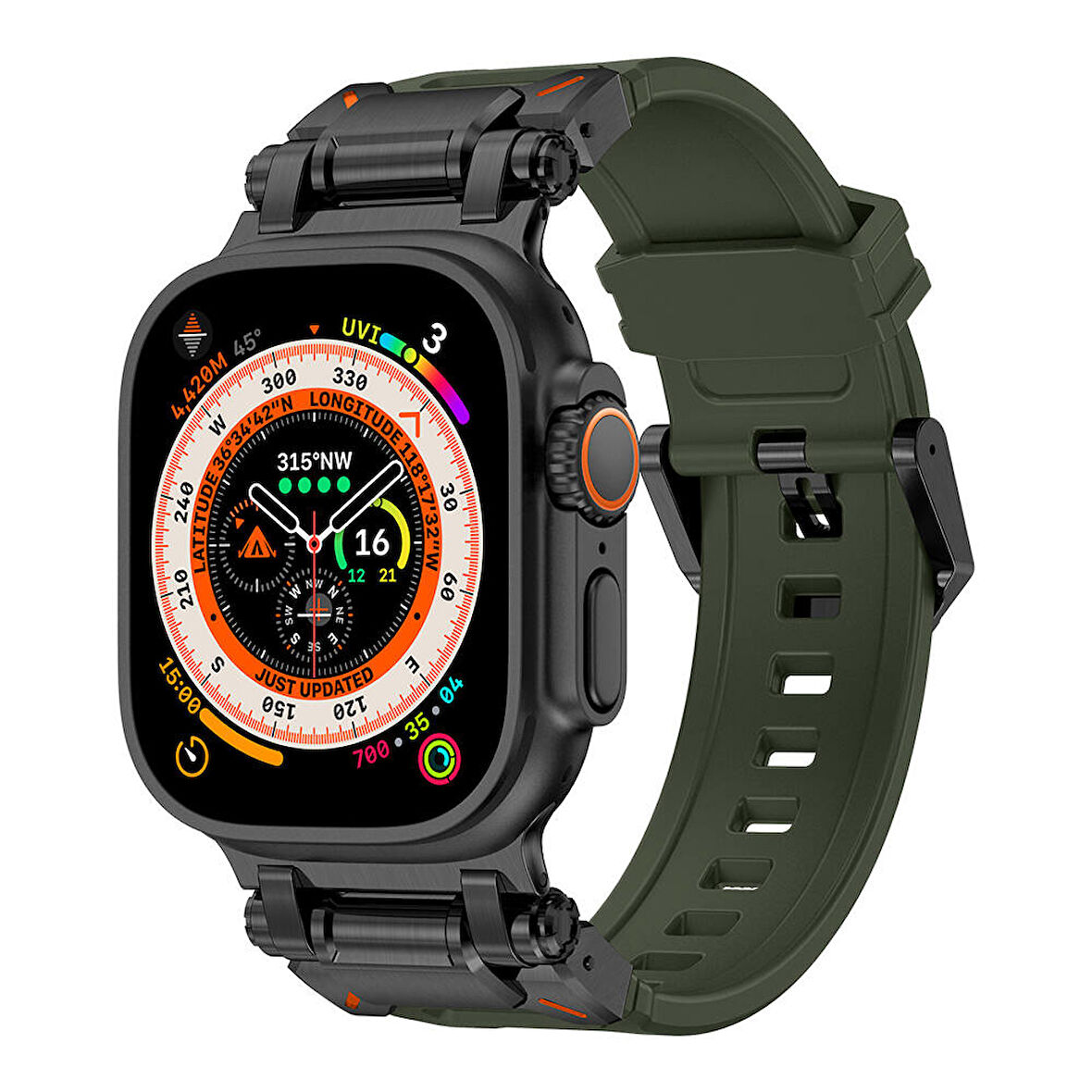 Watch Ultra 49mm Uyumlu CLO- KRD-101 Titanyum Metal Başlıklı Silikon Kordon-Siyah-Yeşil
