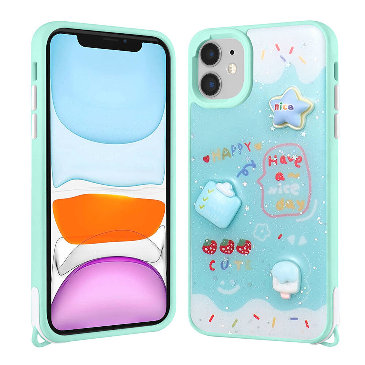 iPhone 11 Kılıf Parlayan Sıvılı Simli Kabartma Figürlü Zore Cevze Kapak-Yeşil