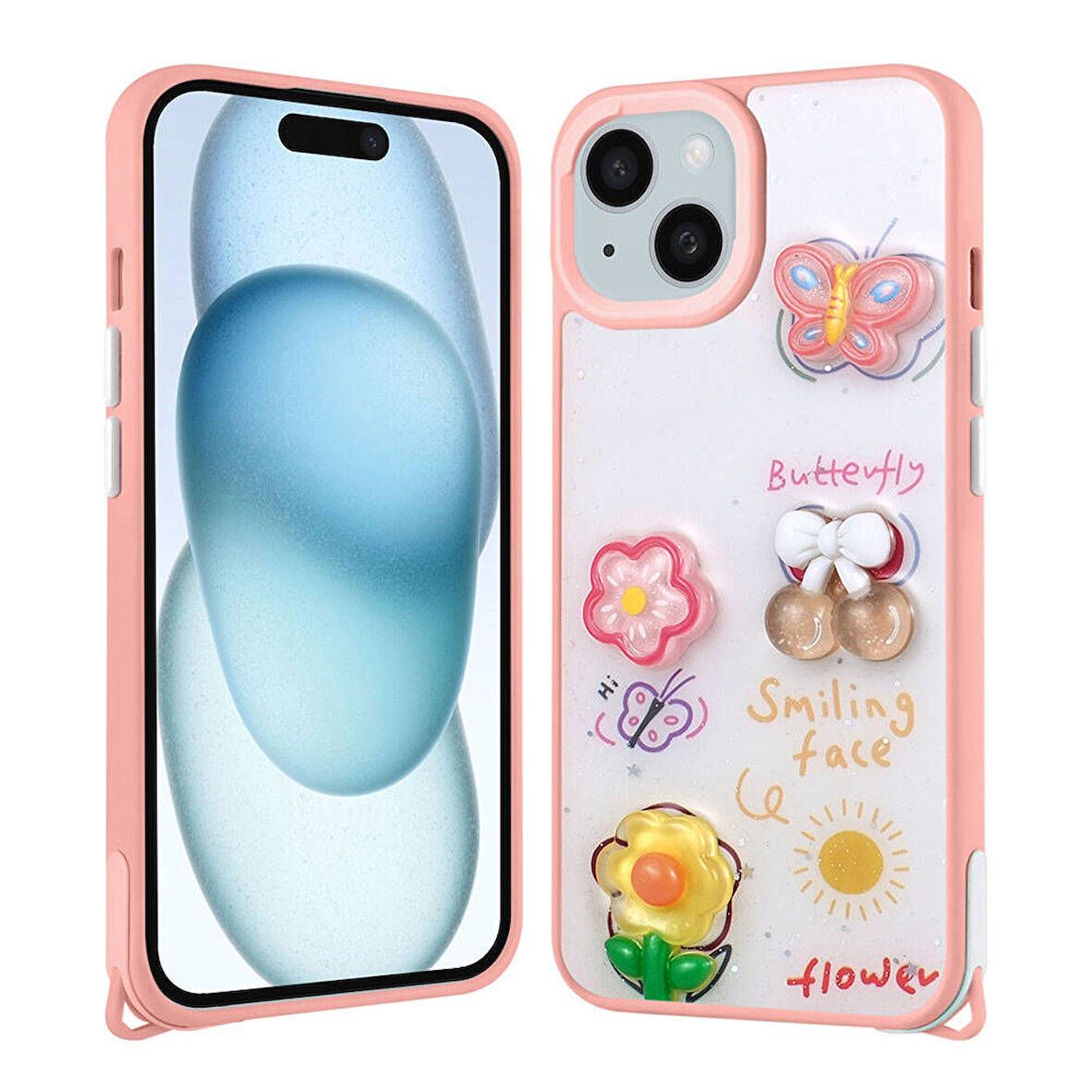 Apple iPhone 15 Kılıf Parlayan Sıvılı Simli Kabartma Figürlü Zore Cevze Kapak-Pembe
