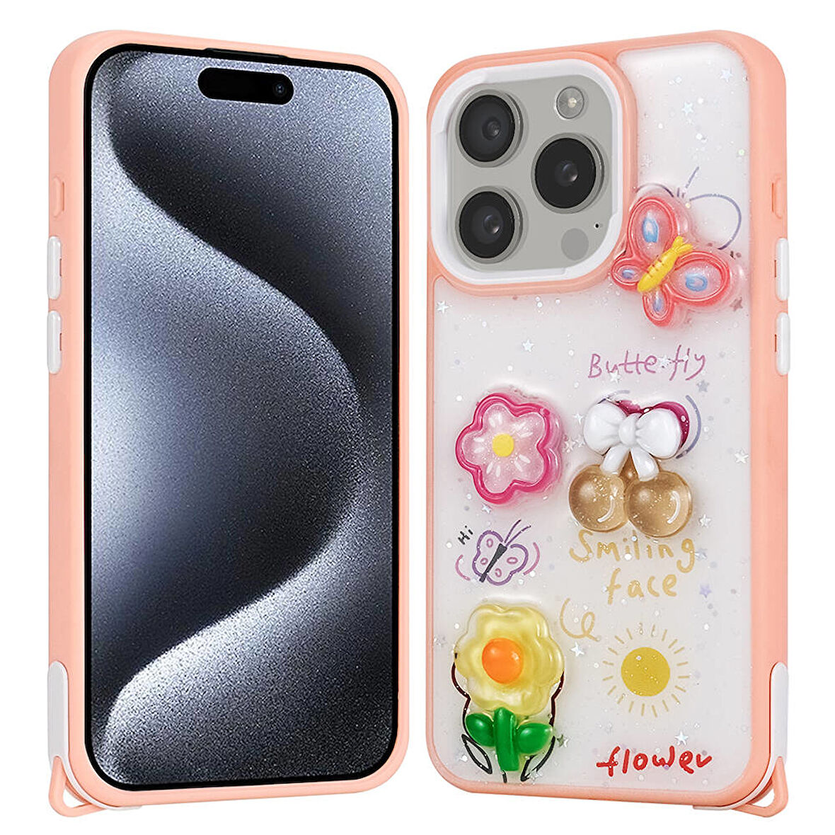 Apple iPhone 15 Pro Kılıf Parlayan Sıvılı Simli Kabartma Figürlü Zore Cevze Kapak-Pembe